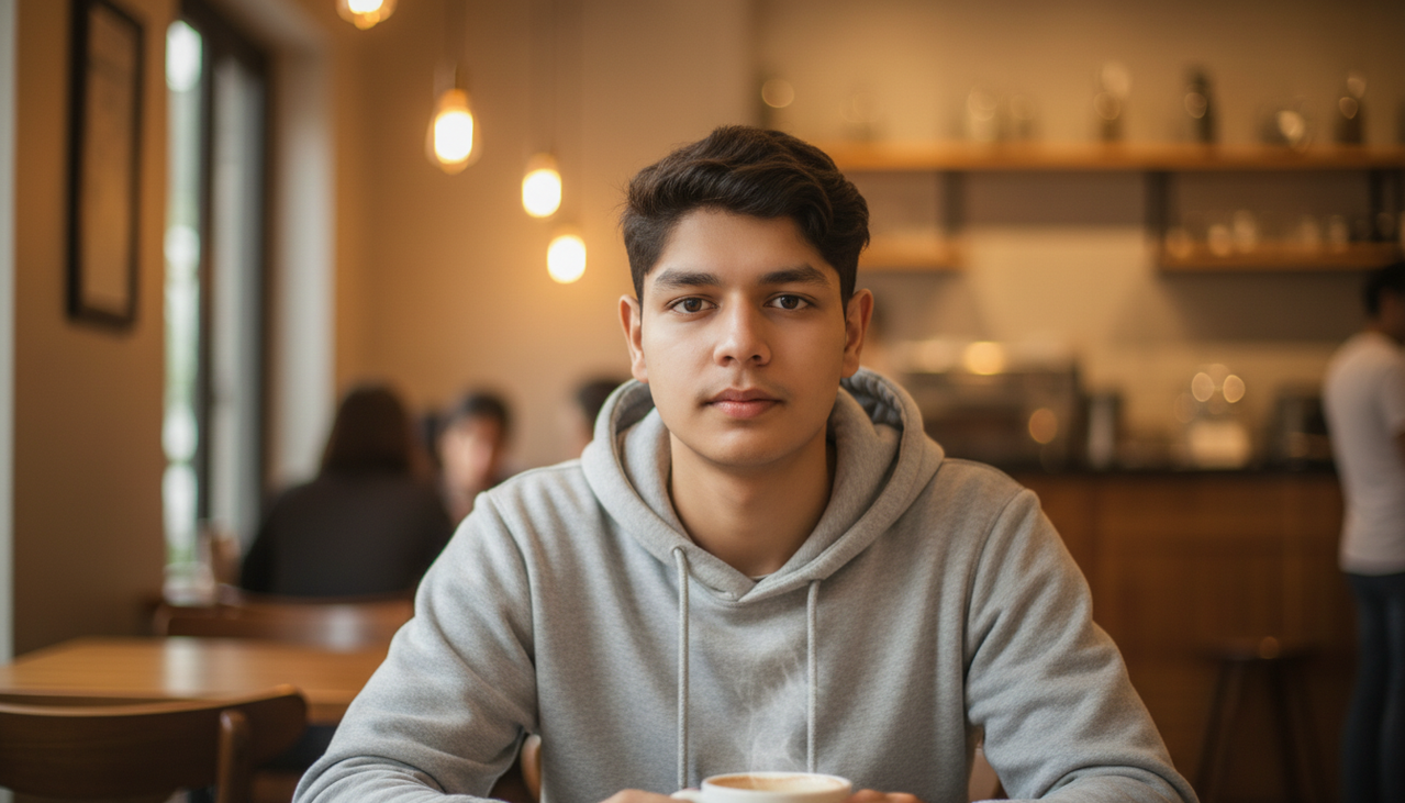 Soft Light Indoor Café Portrait – Casual Hoodie Edition